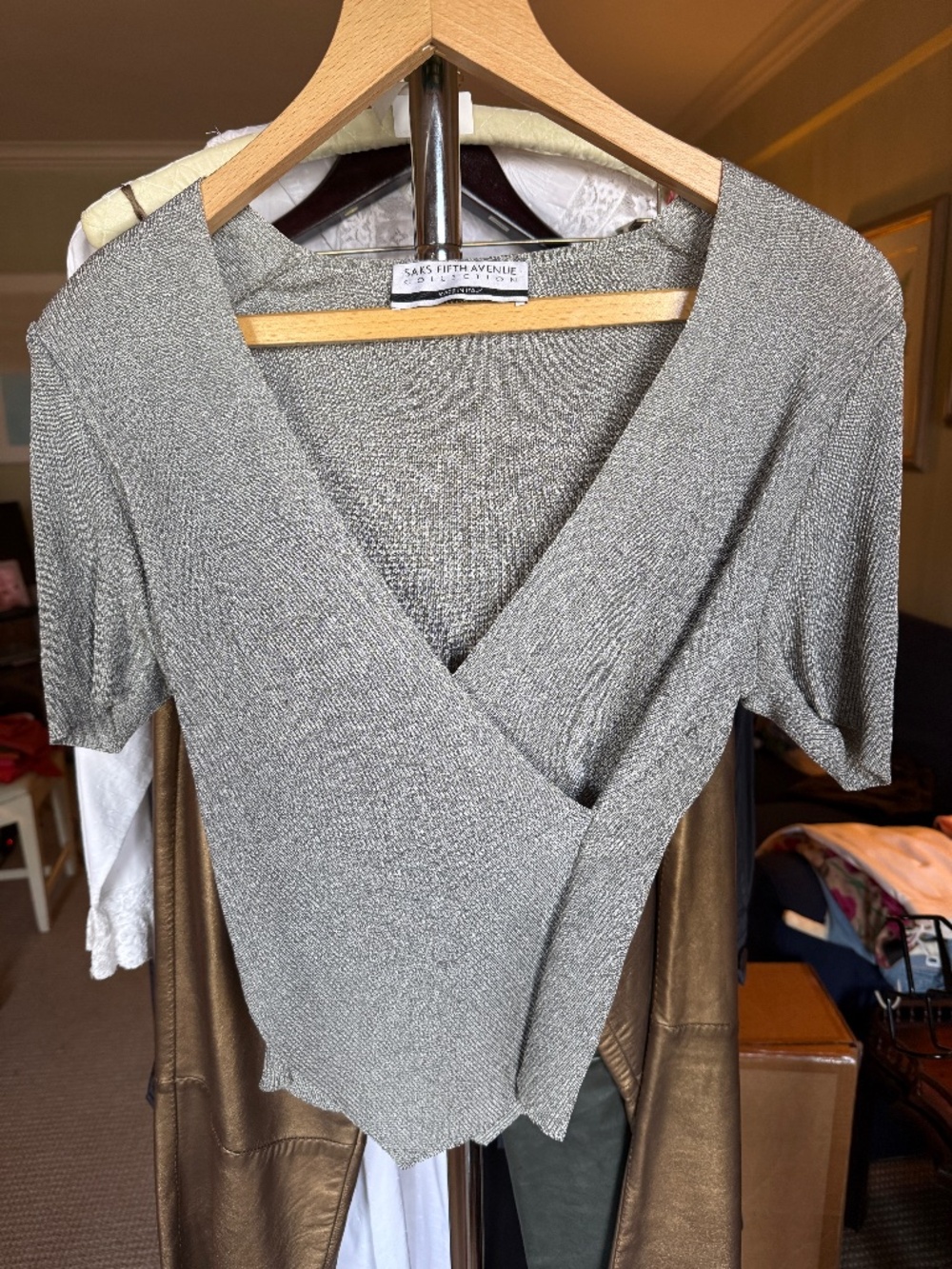 Saks Fifth Avenue Collection Made in Italy Silver Metallic Ribbed Wrap Top